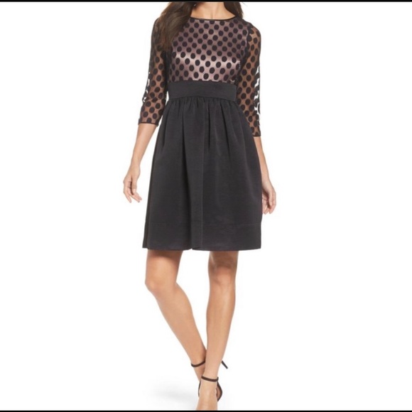 Gorgeous Eliza J black sheer mesh polka dot fit and flare, size 8 - Picture 2 of 12